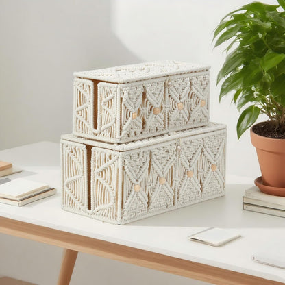 Cable Management Box Handmade Macrame Cord Storage Organizer Power Strips Outlet Router Adapter TV Wire Hider Cover Under Desk Natural Cotton Rope Woven Boxes with Lid (Off White, Large)