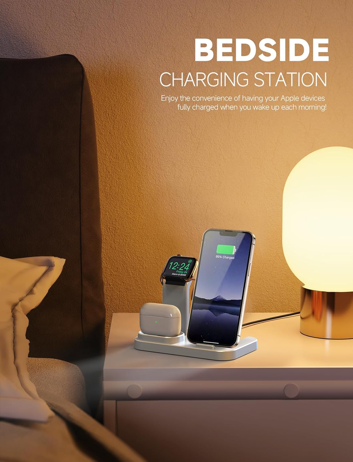 Wireless Charging Station 3 in 1 RJR Compatible with Apple Devices, Charging Dock for iWatch, Built-in Wireless Charger Stand for iPhone Series AirPods Gifts (with 18W Adapter) Graphite Black