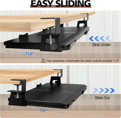 Large Keyboard Tray Under Desk Slide Out with Sturdy C-Clamp Mount and Storage Drawer, 27" (31" Including Clamps) x 12" Ergonomic Keyboard Trays for Home and Office, Black