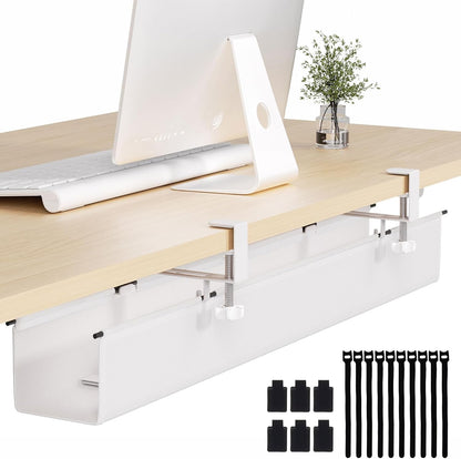 Under Desk Cable Management Tray 27.2" - No Drill Computer Wire Organizer Cable Tray, Cord Hider Clamp Mount with 16X Cable Ties PC Cables Management Cord Holder for Office/Home (Upgrade Fabric,White)