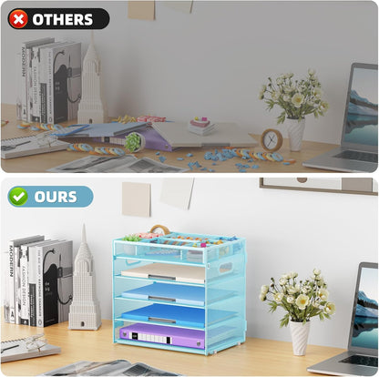 Marbrasse 5-Tier Letter Tray Paper Organizer with Handle, Multi-Functional Mesh File Organizer for Desk, Adjustable Compartments Mesh Desktop Storage for Office Supplies,Black