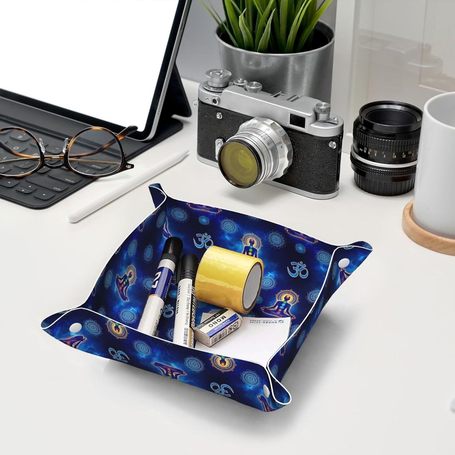 Leather Valet Tray Portable Desk Organizers for Keys Wallet Watch (Pink Rose Cactus Flamingo)
