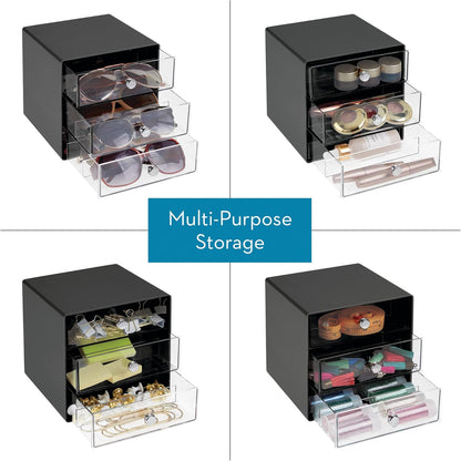 iDesign Divided 3-Drawer Stackable Organizer for Glasses, Sunglasses, and Readers - Black/Clear