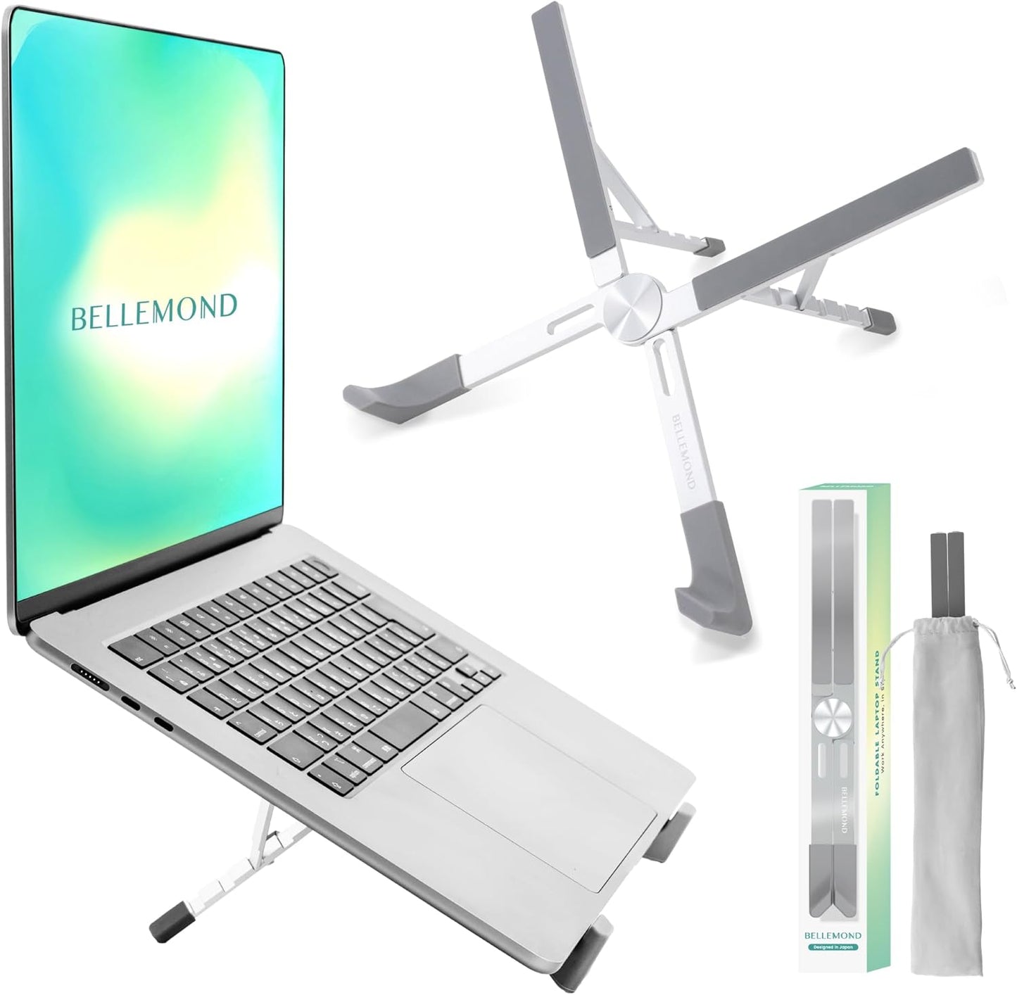 BELLEMOND Foldable Portable Laptop Stand | Ultralight Travel Riser | X-Frame Adjustable Aluminum | Fits MacBook, Dell, HP, Lenovo 10-17.3" | Carry Pouch | Space Silver