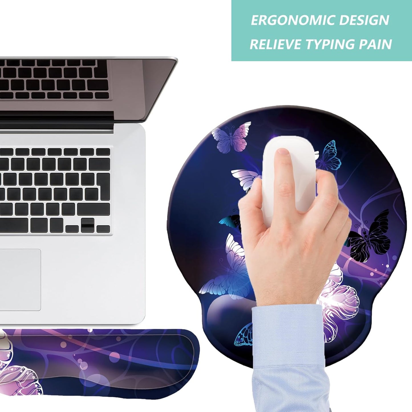 Keyboard Wrist Rest Pad Mouse Pad with Wrist Support Set of 3, Mousepad with Non-Slip Rubber Base, Ergonomic Memory Foam Mouse Wrist Cushion Support for Home Office Laptop Computer, Flower Black