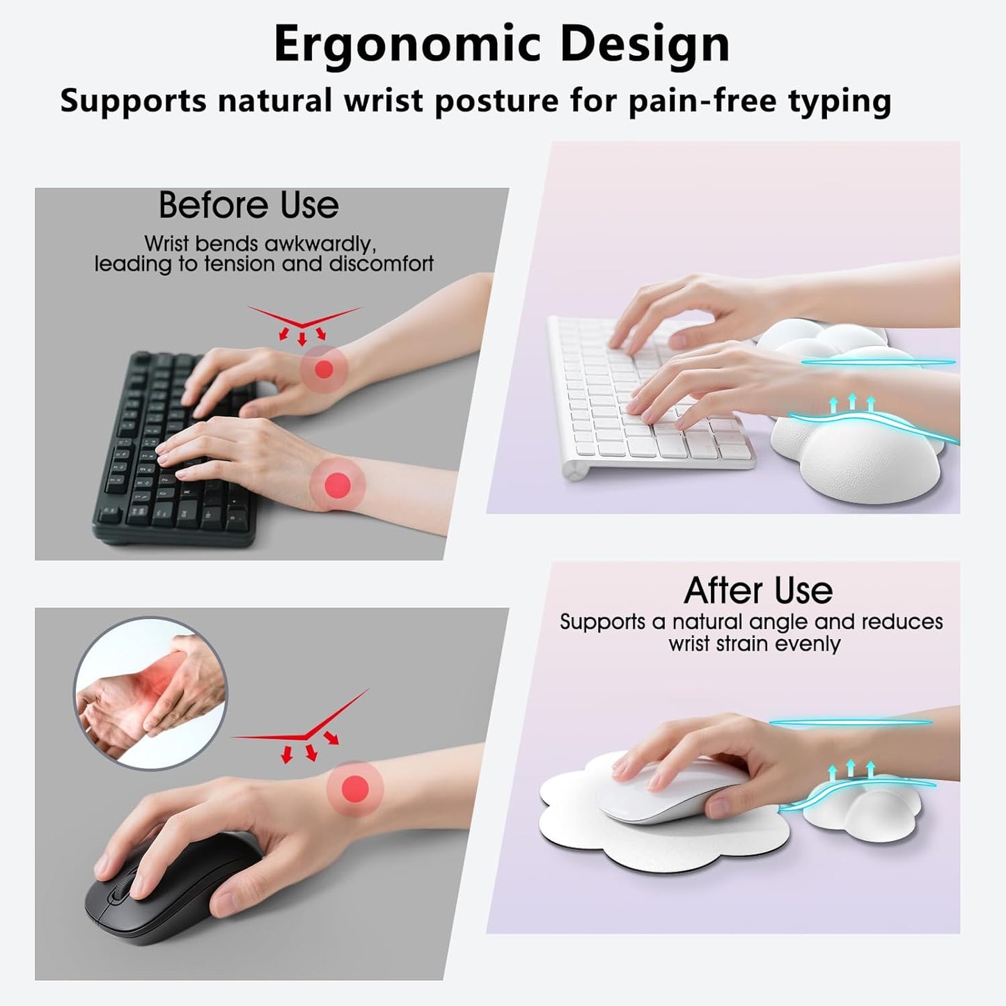 Sushret Cloud Wrist Rest for Computer Keyboard, 4-in-1 Memory Foam Leather Cloud Keyboard Wrist Rest and Mouse Pad Set with Ergonomic Support for Arm and Palm Cushion, Gaming/Work Setup, Rainbow