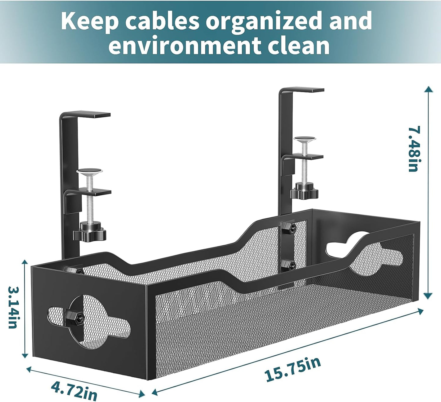 Under Desk Cable Management Tray No Drill, Metal Mesh Cable Management Under Desk with Clamp Mount, 2 Hole Cable Tray with Wire Management and Cord Organizer for Home Office Standing Desk