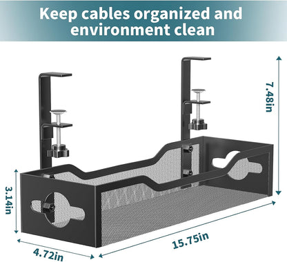 Under Desk Cable Management Tray No Drill, Metal Mesh Cable Management Under Desk with Clamp Mount, 2 Hole Cable Tray with Wire Management and Cord Organizer for Home Office Standing Desk
