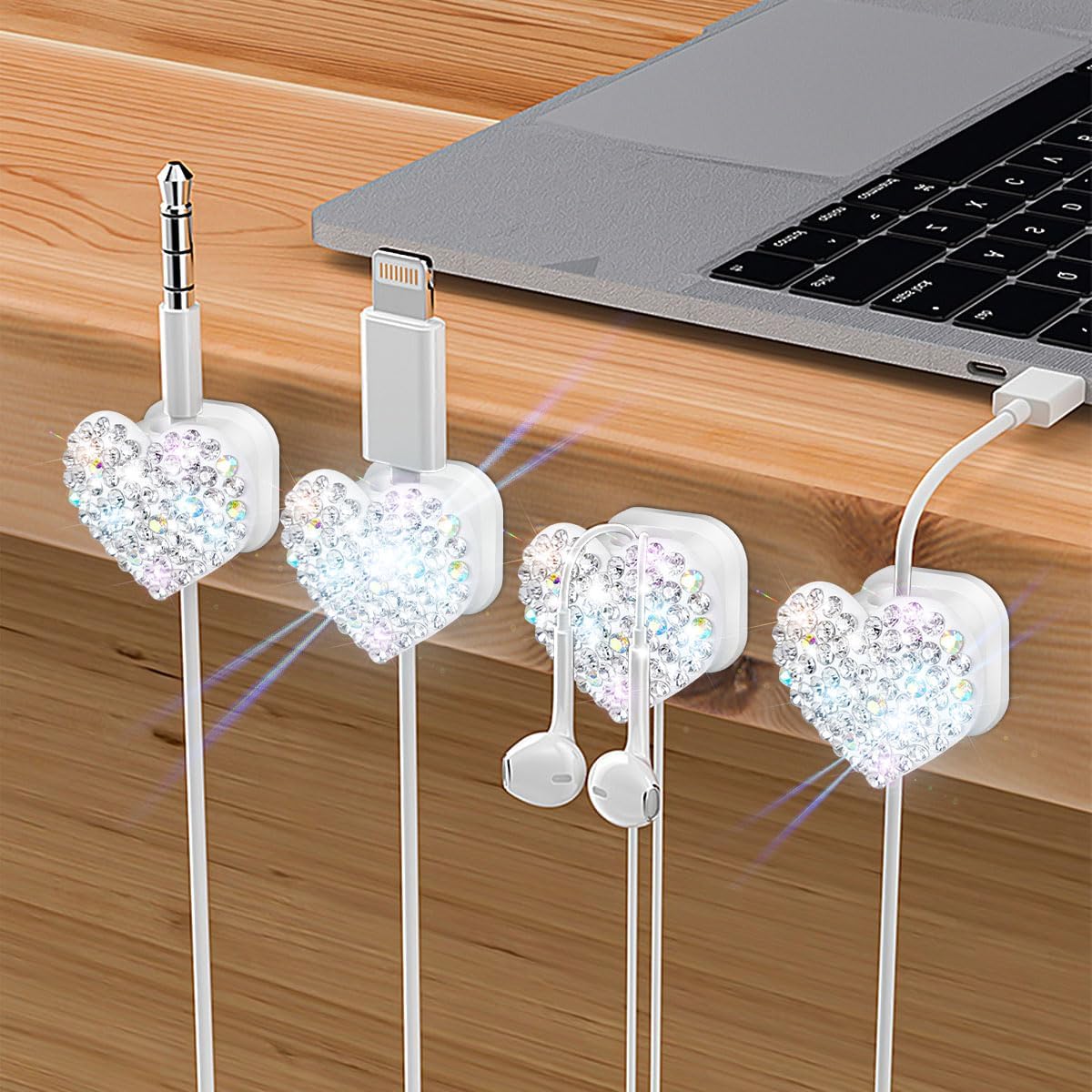 Bling Cord Organizer Holder,Heart Shape Magnetic Cable Clips with Strong Adhesive，Desk Cable Holder & Phone Charging Cords Wire Management for Home,Office,Car,Nightstand (Pink 4 Pack)