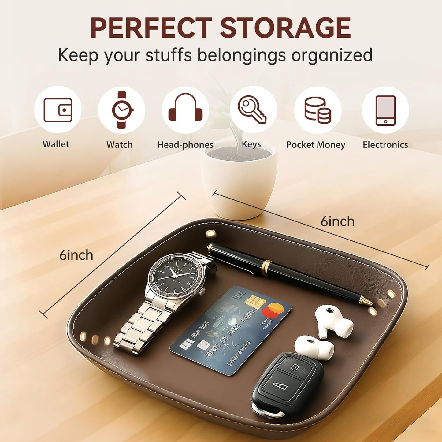 Genuine Leather Valet Tray-Handmade Brown Leather Catchall Organizer for Desk, Nightstand Bedside Desk & Entryway Table Storage Tray for Keys, Phone, Wallet, Coins, Jewelry for Women & Men