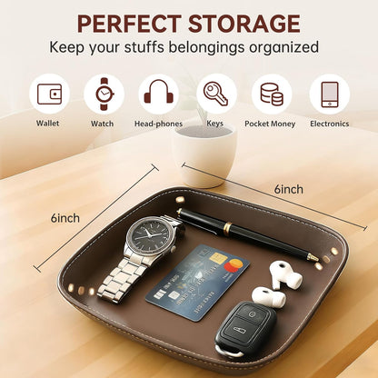 Genuine Leather Valet Tray-Handmade Brown Leather Catchall Organizer for Desk, Nightstand Bedside Desk & Entryway Table Storage Tray for Keys, Phone, Wallet, Coins, Jewelry for Women & Men