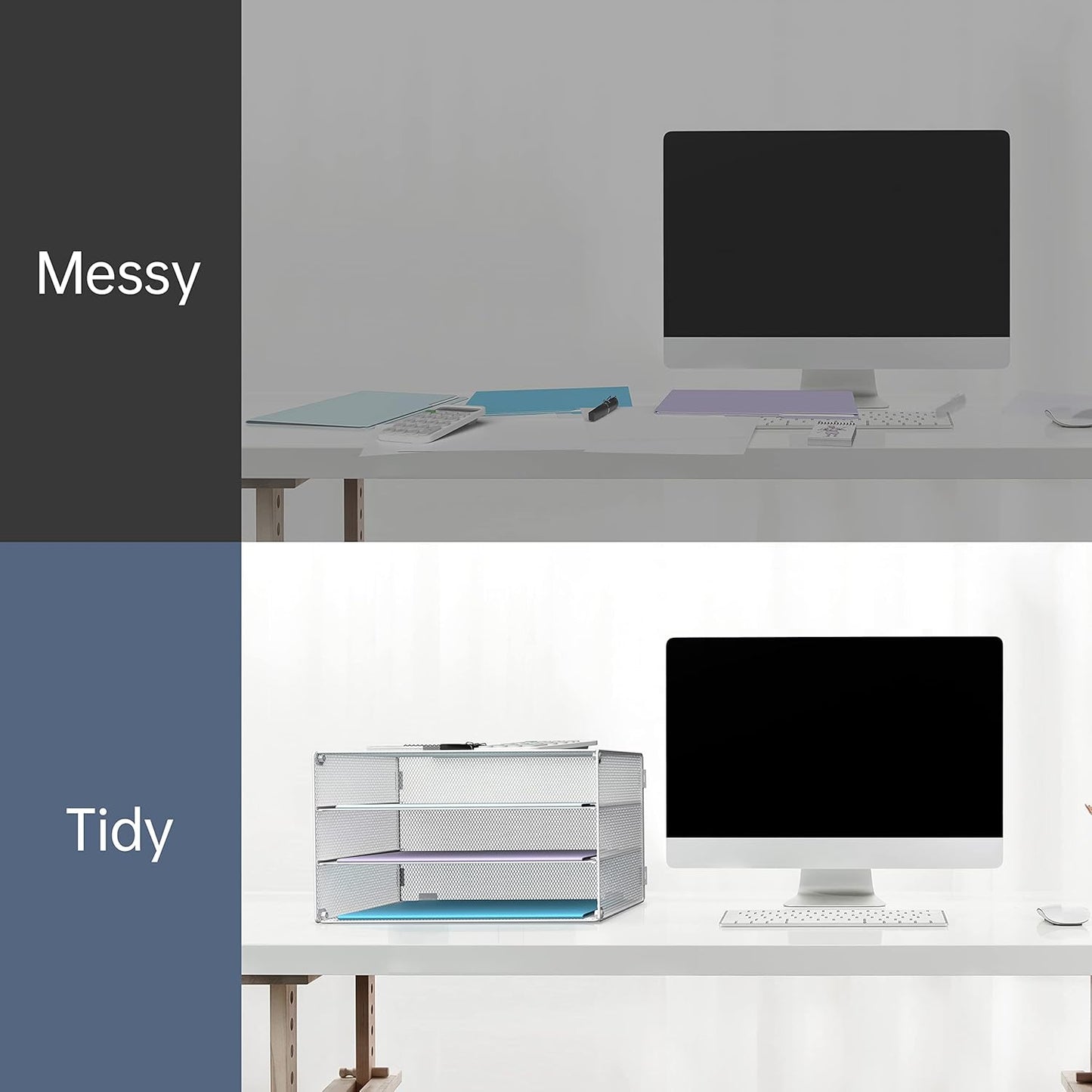 DALTACK 3 Tier Letter Tray Paper Organizer for Desk, Mesh Metal Desk File Organizer with Sliding Trays for Letter/A4 Paper, Mail, Bills & Folders, Black