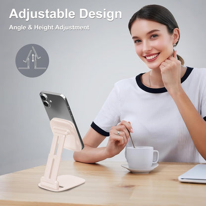 DEERLAMN Cell Phone Stand for Desk, Height Adjustable Cell Phone Holder Portable Desktop Stand, Travel Home Office Desk Accessories Compatible with iPhone 16/15/14/13/12/11 All Smartphone - Pink