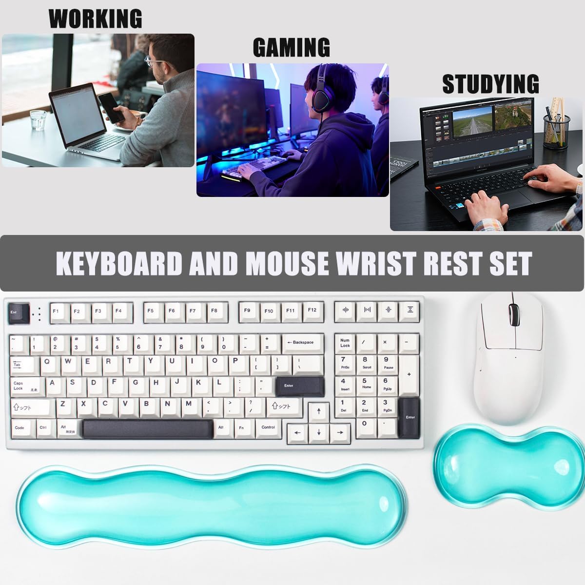 Ergonomic Gel Keyboard and Mouse Wrist Rest Set – Clear Wrist Rest for Computer Keyboard 60%/68%/75%, Comfort & Support for Typing and Gaming (Grey Purple)