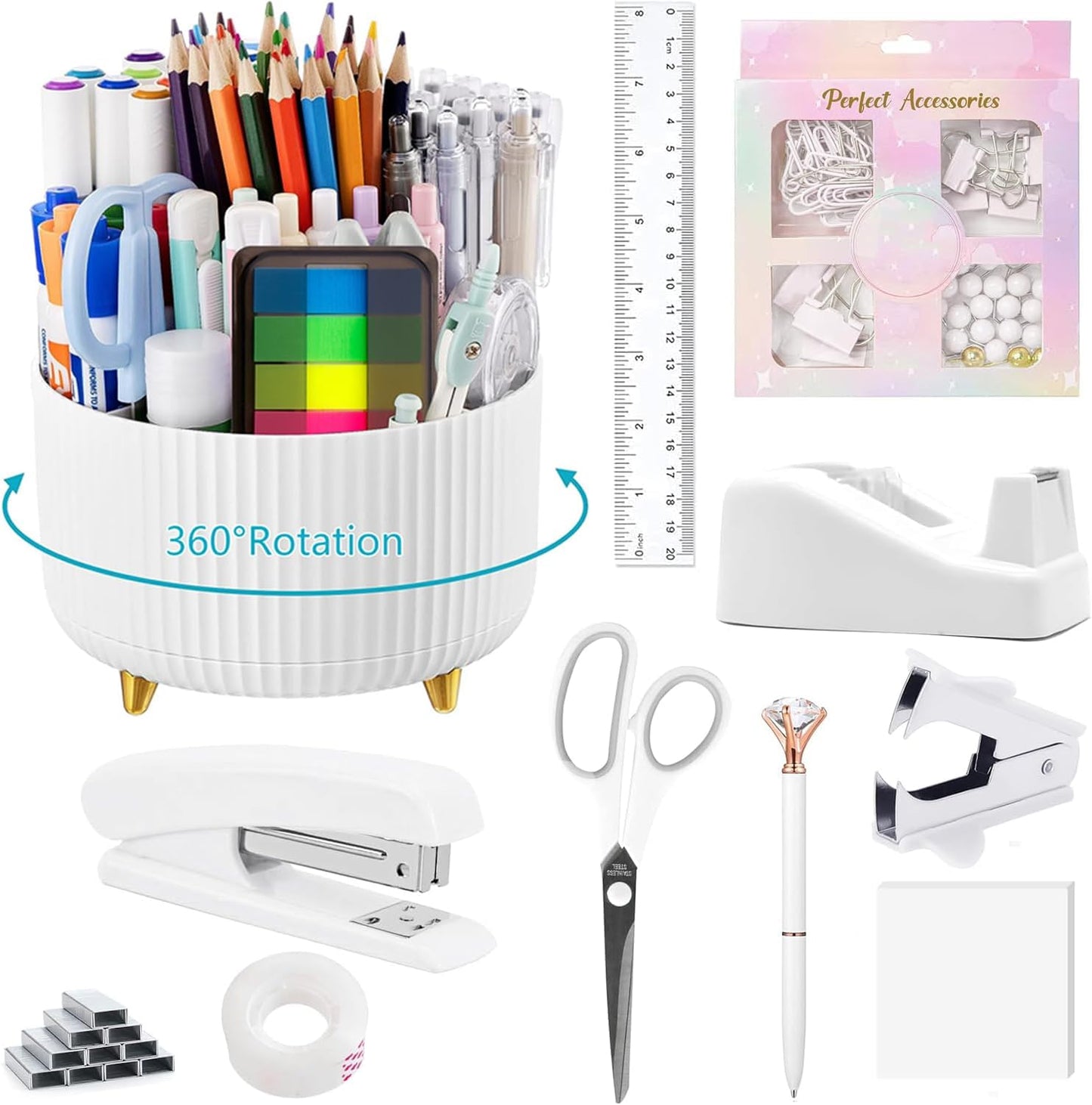 suniya Office Supplies,Gold Desk Accessories,with Stapler,Tape Dispenser,Pen Holder,Scissors,Phone Stand,Staple Remover,Ballpoint Pen,Clear Tape, Staples,Ruler,Clips,Best Gift for Business or Boss