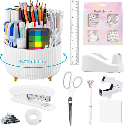 suniya Office Supplies,Gold Desk Accessories,with Stapler,Tape Dispenser,Pen Holder,Scissors,Phone Stand,Staple Remover,Ballpoint Pen,Clear Tape, Staples,Ruler,Clips,Best Gift for Business or Boss