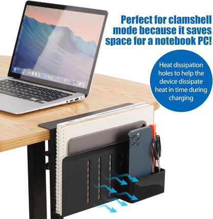 Desk Side Storage, Under Desk Laptop Mount, Table Side Hanging File Organizer, No Drill Clamp On Cable Management Tray, Laptop Holder with Magnetic Pen Holder for Office and Home