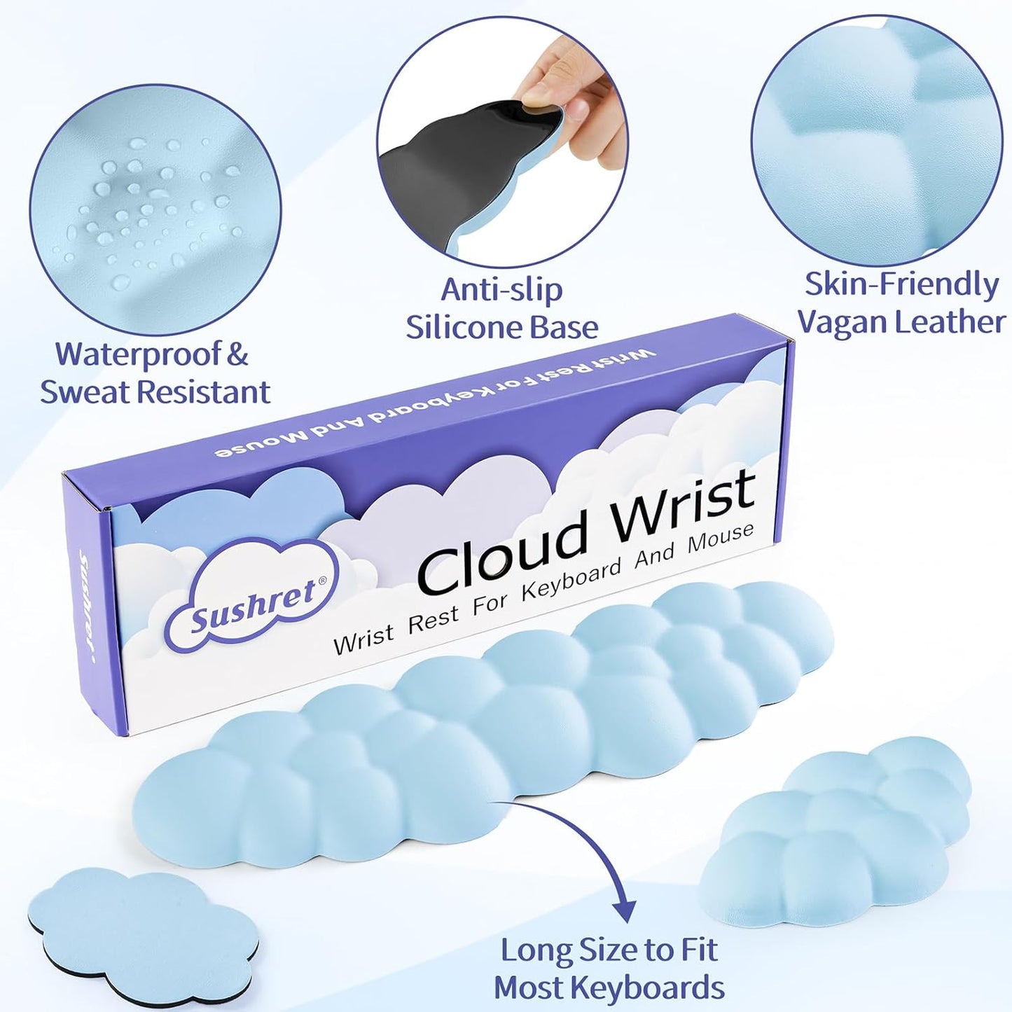Sushret Cloud Wrist Rest Keyboard, Cloud Keyboard Wrist Pad Set with PU Leather Memory Foam, Cute Arm Rest for Palm Support, PC/Gaming Desk Accessories/Office Setup/Computer Hand Cushion - White