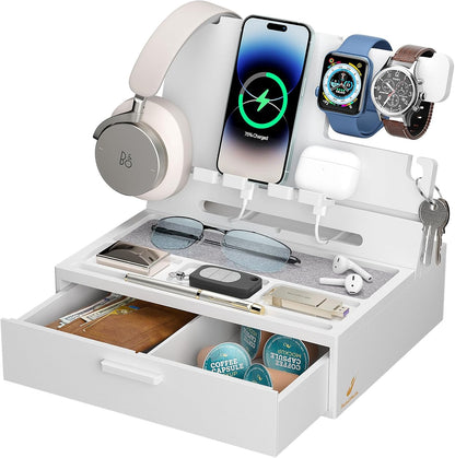 Pezin & Hulin Wooden Charging Station, Bedside Nightstand Tray, with Spacious Drawer, Felt Pads for Phones, Watch, Idea Gifts for Him Birthday, Son, Christmas for Papa Fathers Day (Nature)