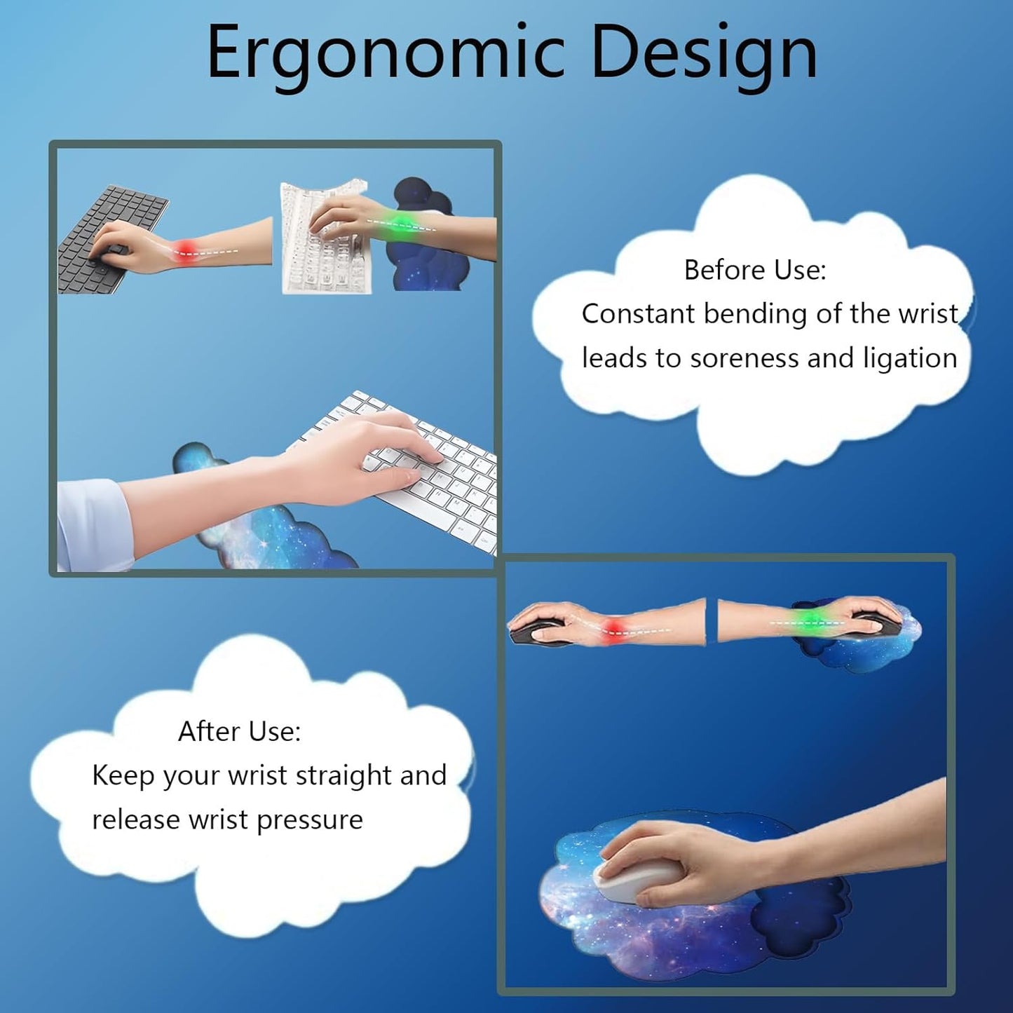 Cloud Wrist Rest Keyboard Pink Mouse Pad Set with Wrist Rest Ergonomic Wrist Pad Memory Foam Non-Slip Base Cute Gradient Wrist Support for Computer Laptop Gaming Home Office Relief Typing Pain
