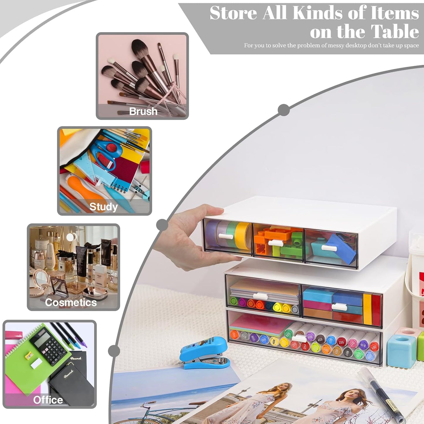 3 Tier Stackable Desk Organizer with 6 Drawers, YOCOMEY Plastic Desktop Storage Box Drawers, Detachable Makeup Storage Office Stationery Supplies Organizer for Office School(Clear)