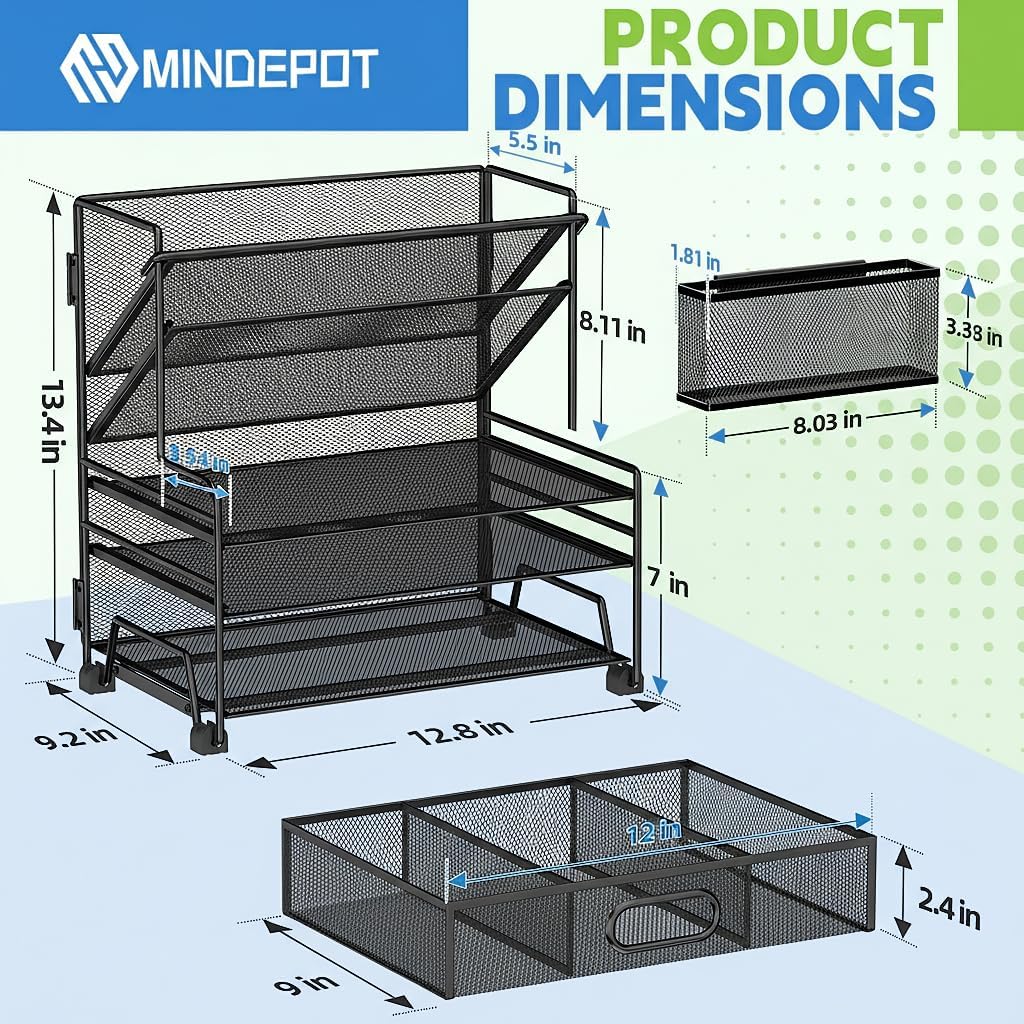 MINDEPOT 4-Tier Paper Organizer + 3-Pocket File Holder + Drawer + Pen Holders, Desktop File Organizers Paper Tray for Office Accessories School Classroom Organization (Black)