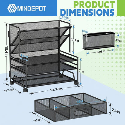 MINDEPOT 4-Tier Paper Organizer + 3-Pocket File Holder + Drawer + Pen Holders, Desktop File Organizers Paper Tray for Office Accessories School Classroom Organization (Black)