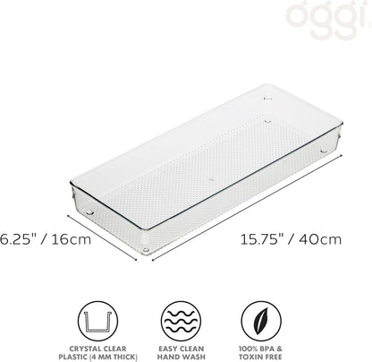 Oggi Set of 5 Clear Drawer Organizers - (1) 3x6.25, (2) 3x9.5, (2) 3x12.5 - Ideal for Organizing Kitchen Drawers, Office, Desk, Silverware, Kitchen Utensils, Cosmetics and Bathrooms