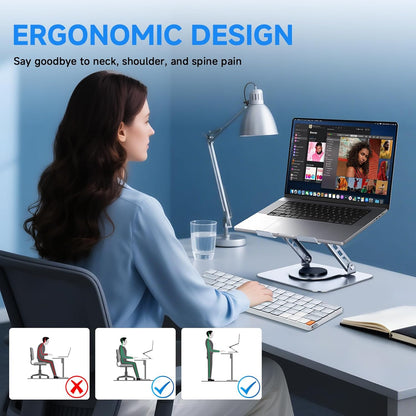 Leeboom Ergonomic Laptop Stand for Desk, 360° Rotating Aluminum Laptop Riser, Adjustable Notebook Holder for MacBook Air/Pro, Dell, HP, Lenovo (10–15.6", Silver) – Not for Gaming Laptops