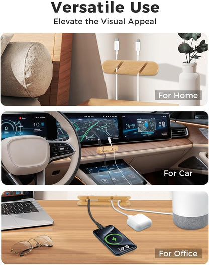 Solid Walnut Cable Holder & Cord Organizer, Adhesive Cable Clips for Desk, Under Desk, Wall, Bedside & Car, Wood Cable Management for Home Office, Phone Charging & USB Cables