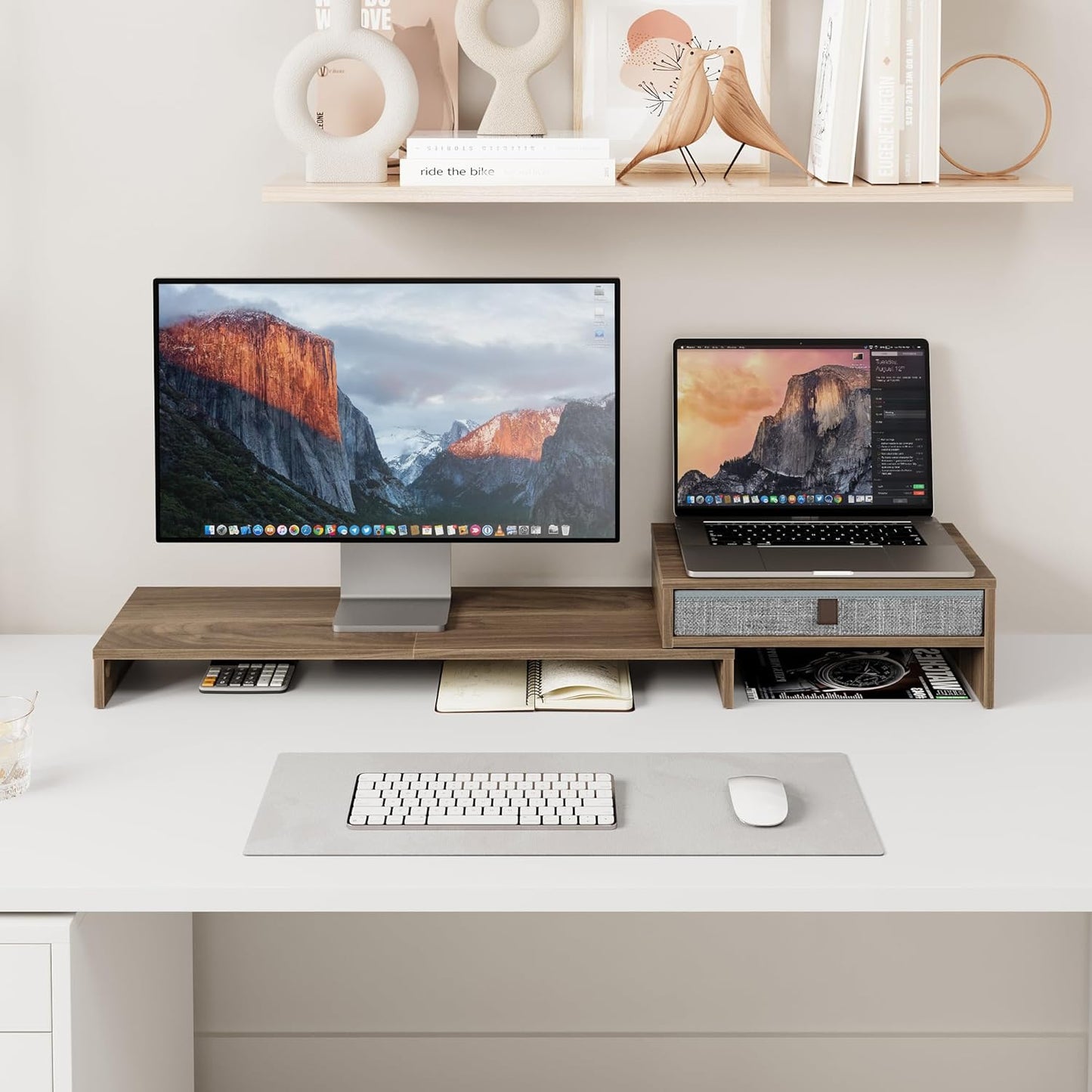 Fenge Computer Monitor Riser Stand with Drawer for 2 or 3 Monitors ,Adjustable Length and Angle Desktop Laptop Stand,Office Organizer,Printer,Black