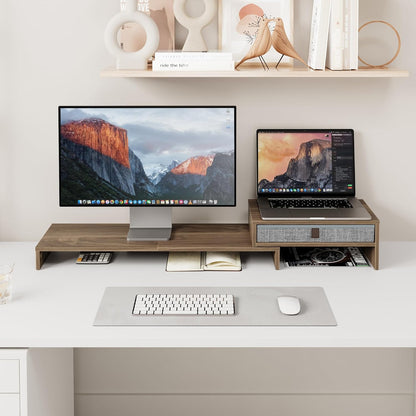 Fenge Computer Monitor Riser Stand with Drawer for 2 or 3 Monitors ,Adjustable Length and Angle Desktop Laptop Stand,Office Organizer,Printer,Black