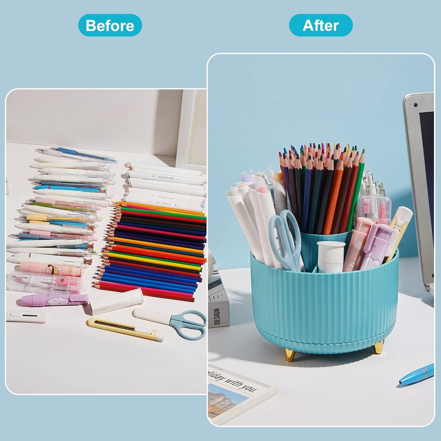 Desk Pencil Pen Holder, 5 Slots 360 Degree Rotating Pencil Pen Organizers for Desk Desktop Storage Stationery Supplies Organizer Cute Pen Cup for Office School Home Art Supply Cream Yellow
