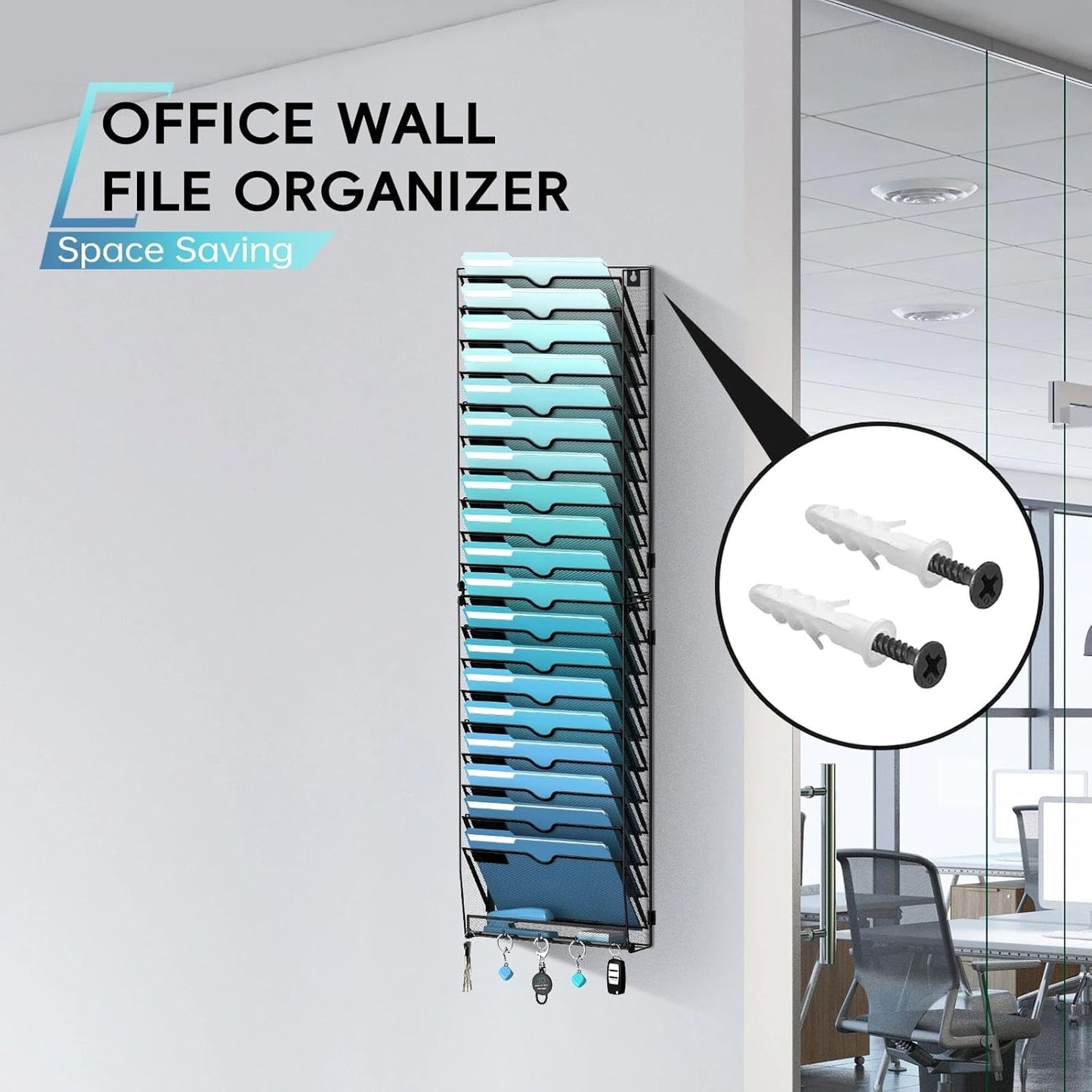 5 Tier Wall File Organizer - Hanging File Organizer with 5 Hooks, Mail Holder Wall Mounted for Papers, Folders, Magazines, Bills, Office&School Organization, Black