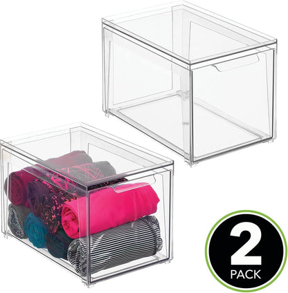 mDesign Plastic Stackable Closet Storage Organizer Bin Containers with Front Pull Drawer for Cabinet, Desk, Shelf, Cupboard, or Dresser Organization - Lumiere Collection - Clear