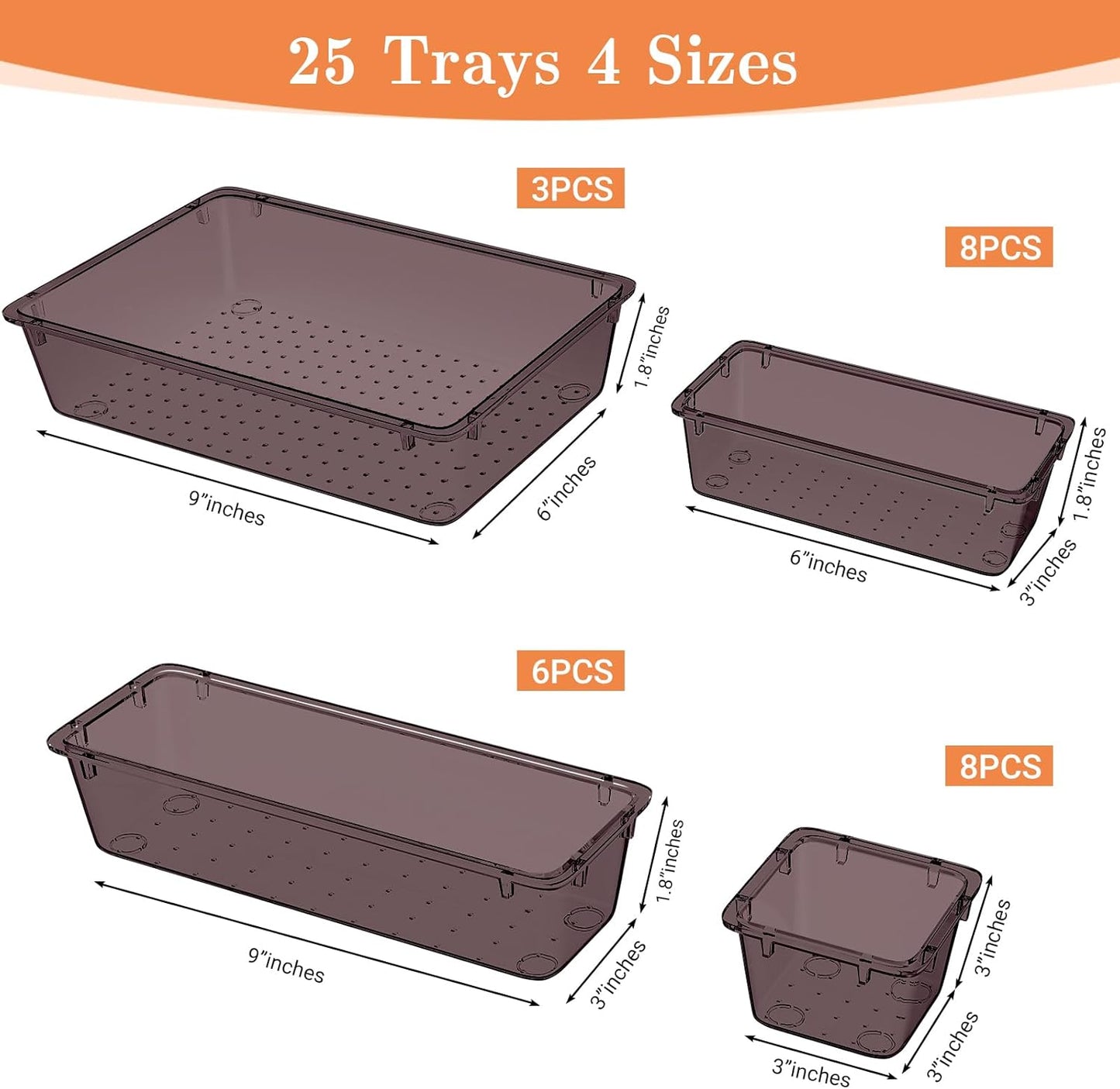 SpaceHacks 25 PCS Plastic Drawer Organizer Set, 4-Size Versatile Organizer Tool Trays & storage Bins for Makeup, Jewelry, and Gadgets in Bathroom, Bedroom and Office,Clear Black