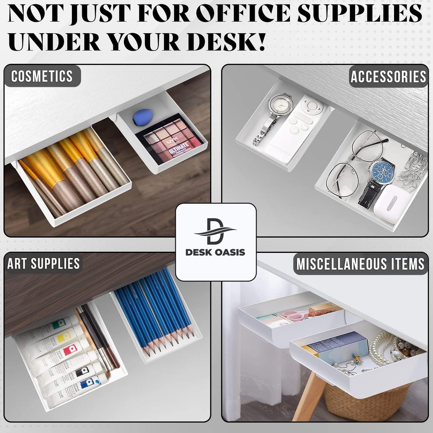 2 Pack Under Desk Drawer Organizer, Slide Out Storage for Pens, Cables & Office Accessories with Self Adhesive, No Drill Installation, Hidden Desk Storage for Office and Home