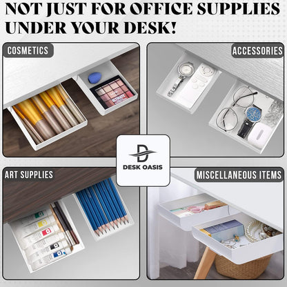 2 Pack Under Desk Drawer Organizer, Slide Out Storage for Pens, Cables & Office Accessories with Self Adhesive, No Drill Installation, Hidden Desk Storage for Office and Home