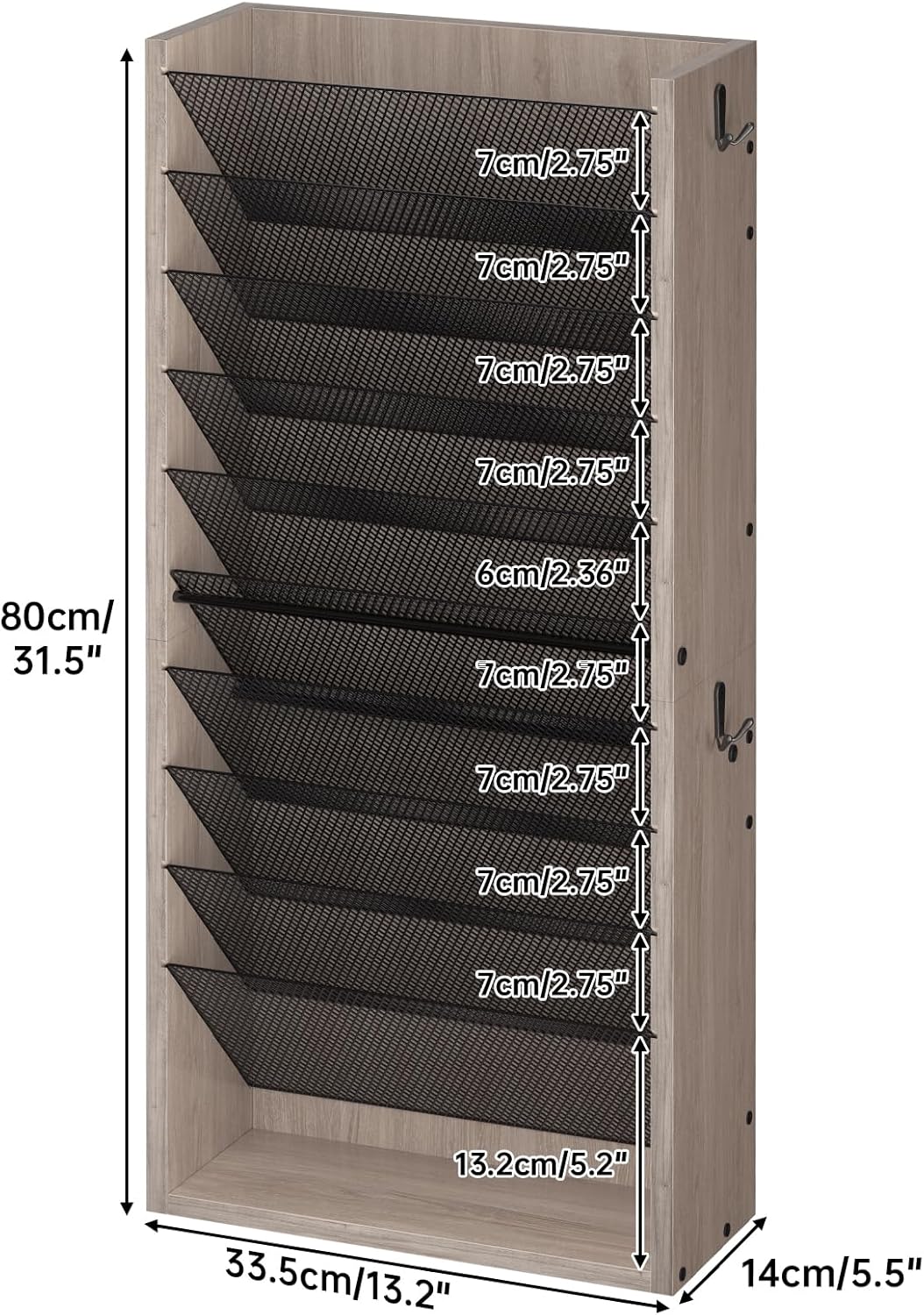 Creso hom Mail Organizer Wall Mounted, 6-Tier Wall File Organizer with 2 Hooks, Wooden Desk Organizer Magazine Holder with Bottom Flat Tray, for Office Home, Rustic Brown