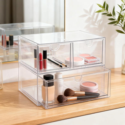 Prsildan Acrylic Makeup Organizer, 2 Pack Stackable Storage Drawers with 6 Drawers for Office Desk Vanity Craft Room Clear Drawer Organizers for Hair Accessories Art Supplies Cosmetics Modular System