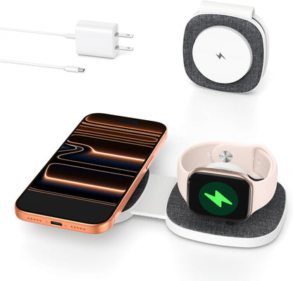 Charging Station for Apple Multiple Devices：2 in 1 Foldable Wireless Charger for Magnetic Wireless Charger Station Travel Charging Pad for Apple iPhone 17 16 15 14 13 12 Series& Apple Watch& Airpods