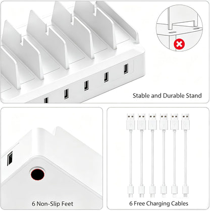 Charging Station for Multiple Devices, 6 Port USB Desktop Charger Dock Compatible with iPad, Samsung, Android, Tablet, Family Multi Phone Charging Organizer with Divider Holders, Fireproof ABS (White)