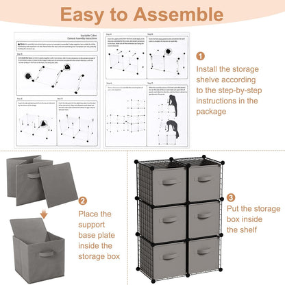 Leinuosen 6 Cube Storage Organizer with Fabric Bins, Wire Grid Stackable Shelves, Modular Storage Units for Bedroom Living Room Office Toys Book Craft(Black,Gray)