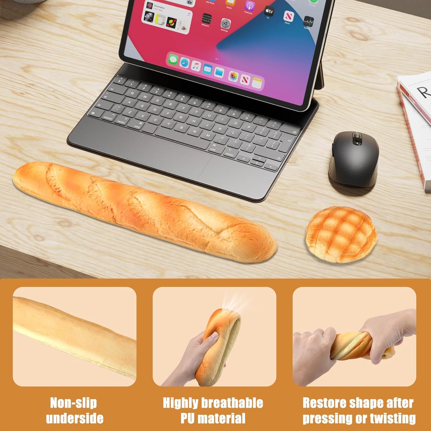 Soft Toast Bread Baguette Shape Anti-Skid Keyboard Wrist Rest Support & Mouse Wrist Support for Office,Computer,Laptop& Mac