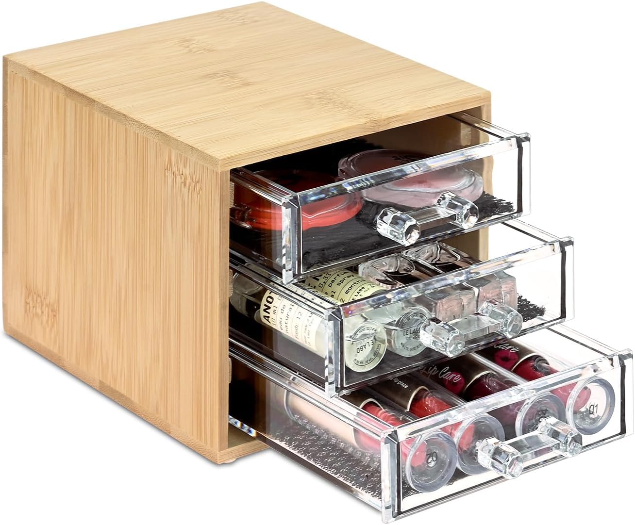 Ikee Design Bamboo Makeup Organizer, Desktop Drawer Organizer with Three Clear Acrylic Drawers, Office Desk Organizer for Lipsticks, Cosmetics, Jewelry, and Accessories for Vanity, Home