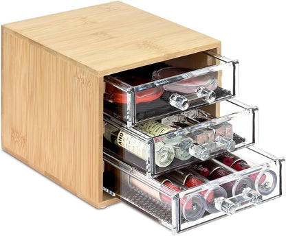Ikee Design Bamboo Makeup Organizer, Desktop Drawer Organizer with Three Clear Acrylic Drawers, Office Desk Organizer for Lipsticks, Cosmetics, Jewelry, and Accessories for Vanity, Home