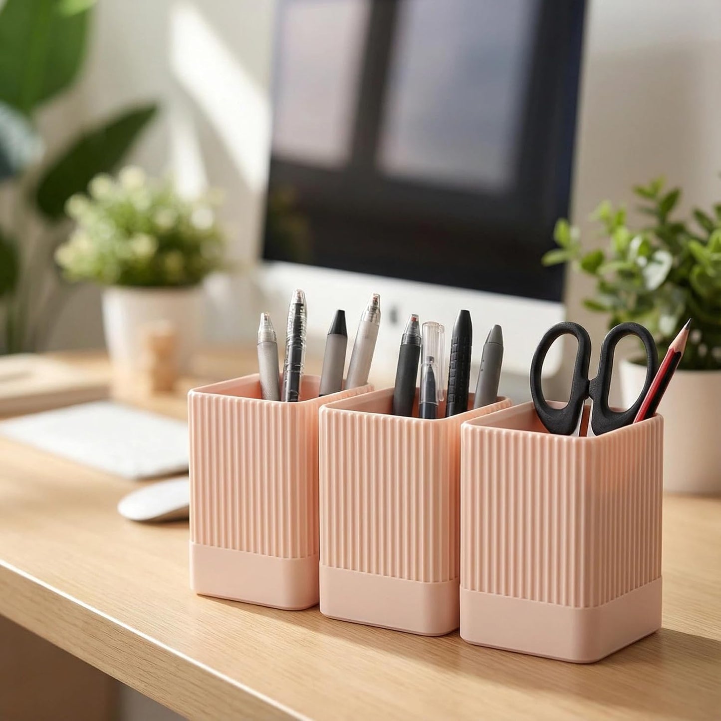 3 Pack Aesthetic Pen Holder for Desk-Sturdy Plastic Pencil Holder - Stylish Makeup Brushes Cup for Women Girls - Cute and Functional Desk Organizer for Office Supplies - Modern Office Decor Pen Cup