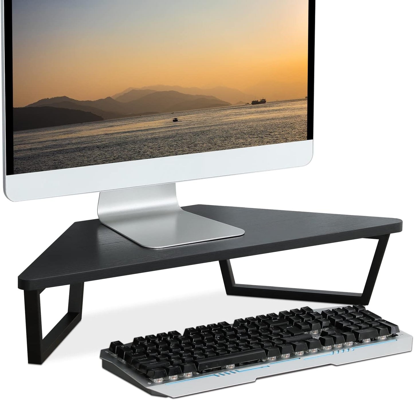 TEAMIX 26 inch Triangle Monitor Stand Riser, Desktop Corner Shelf with Metal Leg Wood Computer Stand with Storage Laptop Riser Office Organization