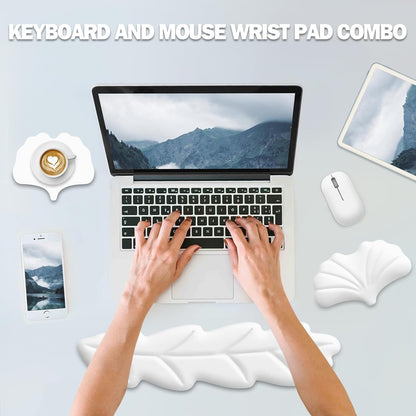 Keyboard Wrist Rest Pad Set, Leaf Shape PU Leather Memory Foam Wrist Cushion Support,Mouse Wrist Rest Pad,Non-Slip Wrist Support for Easy Typing Pain Relief, Green Leaf