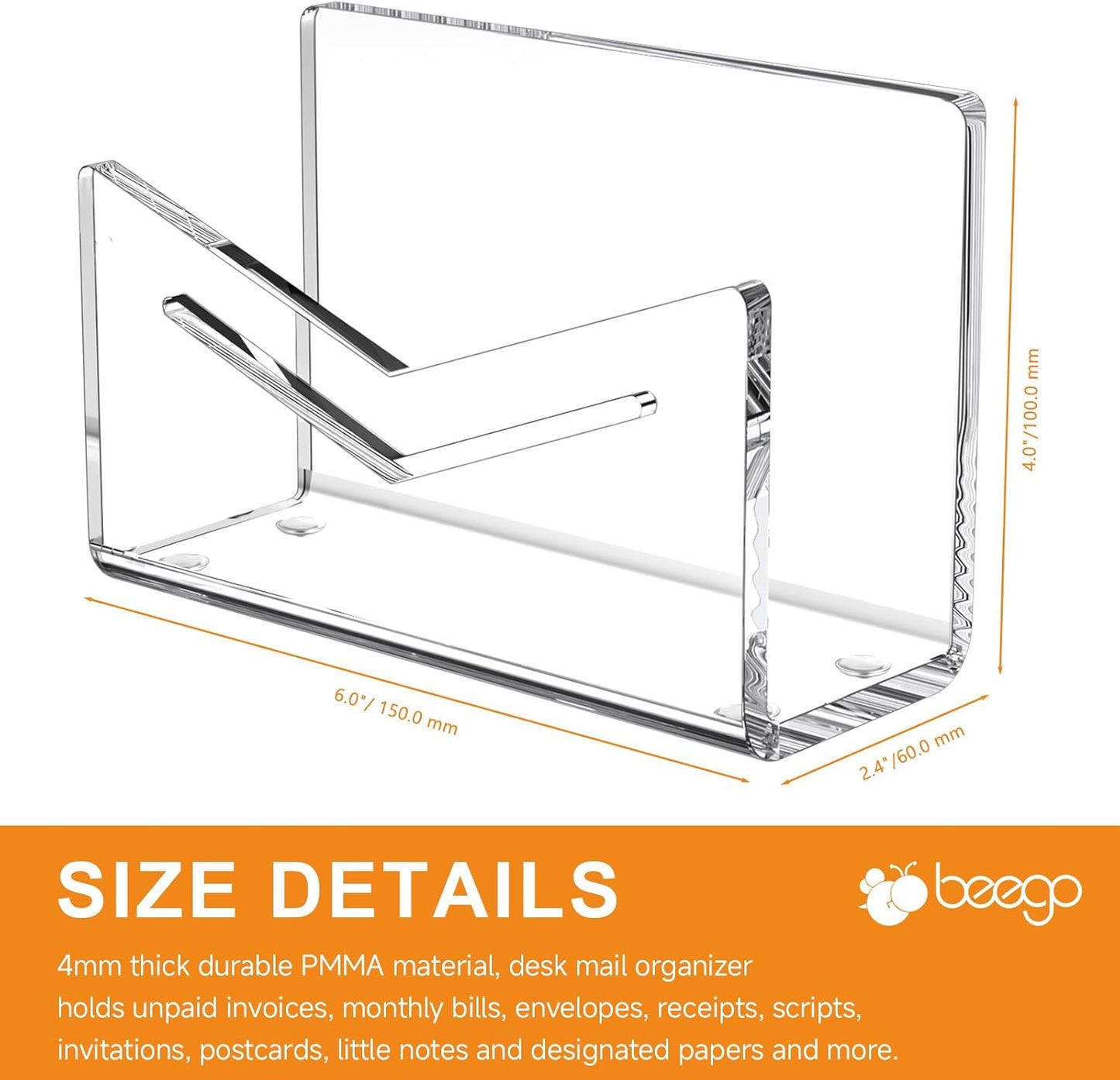 Beego Envelope and Mail Organizer Countertop - Clear Acrylic Desk Organizer Letter Holder Desktop File Sorter Bill Document Folder Rack for Office, Home, School Desk Organization